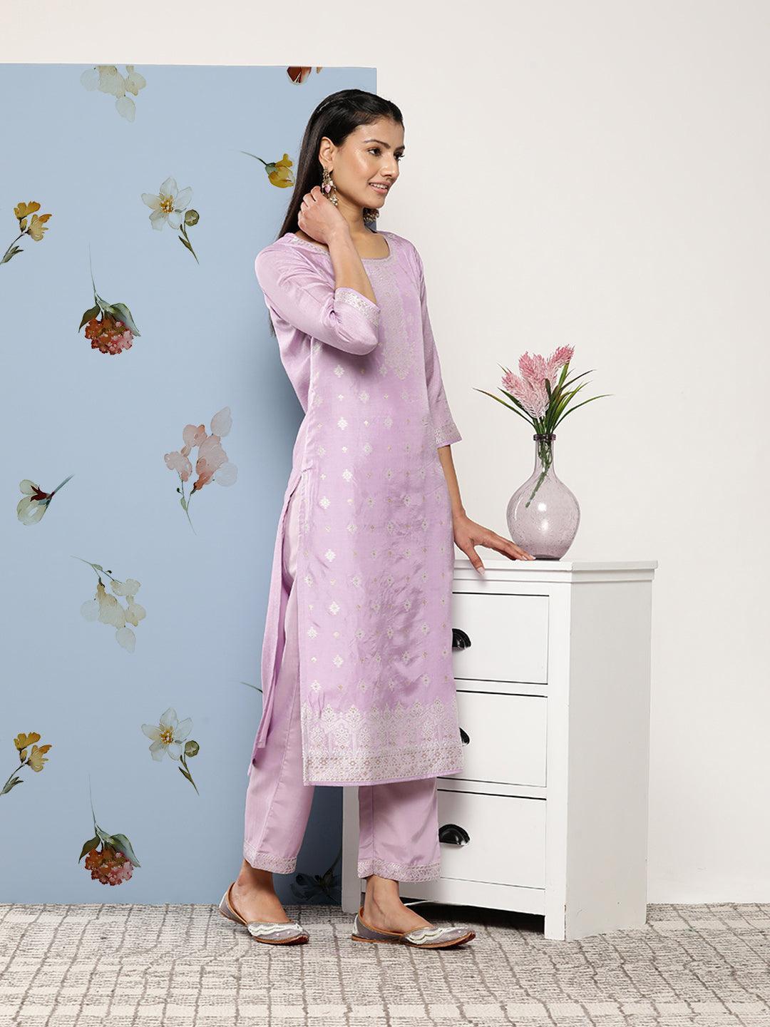 Lavender Self Design Silk Blend Suit Set With Trousers - ShopLibas 