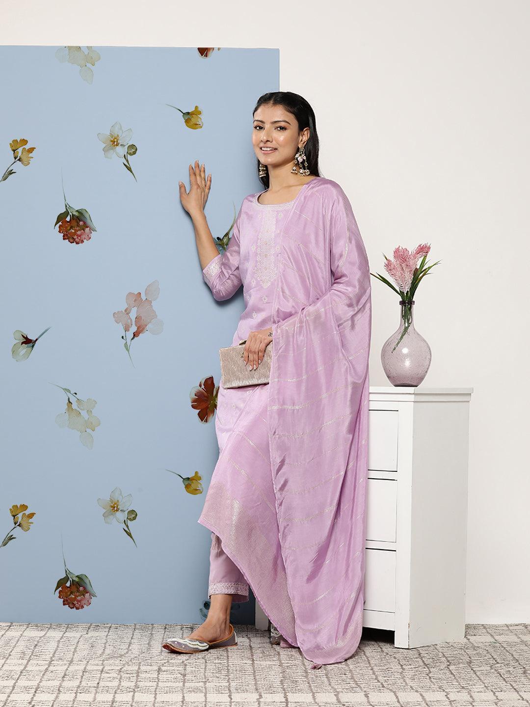 Lavender Self Design Silk Blend Suit Set With Trousers - ShopLibas 