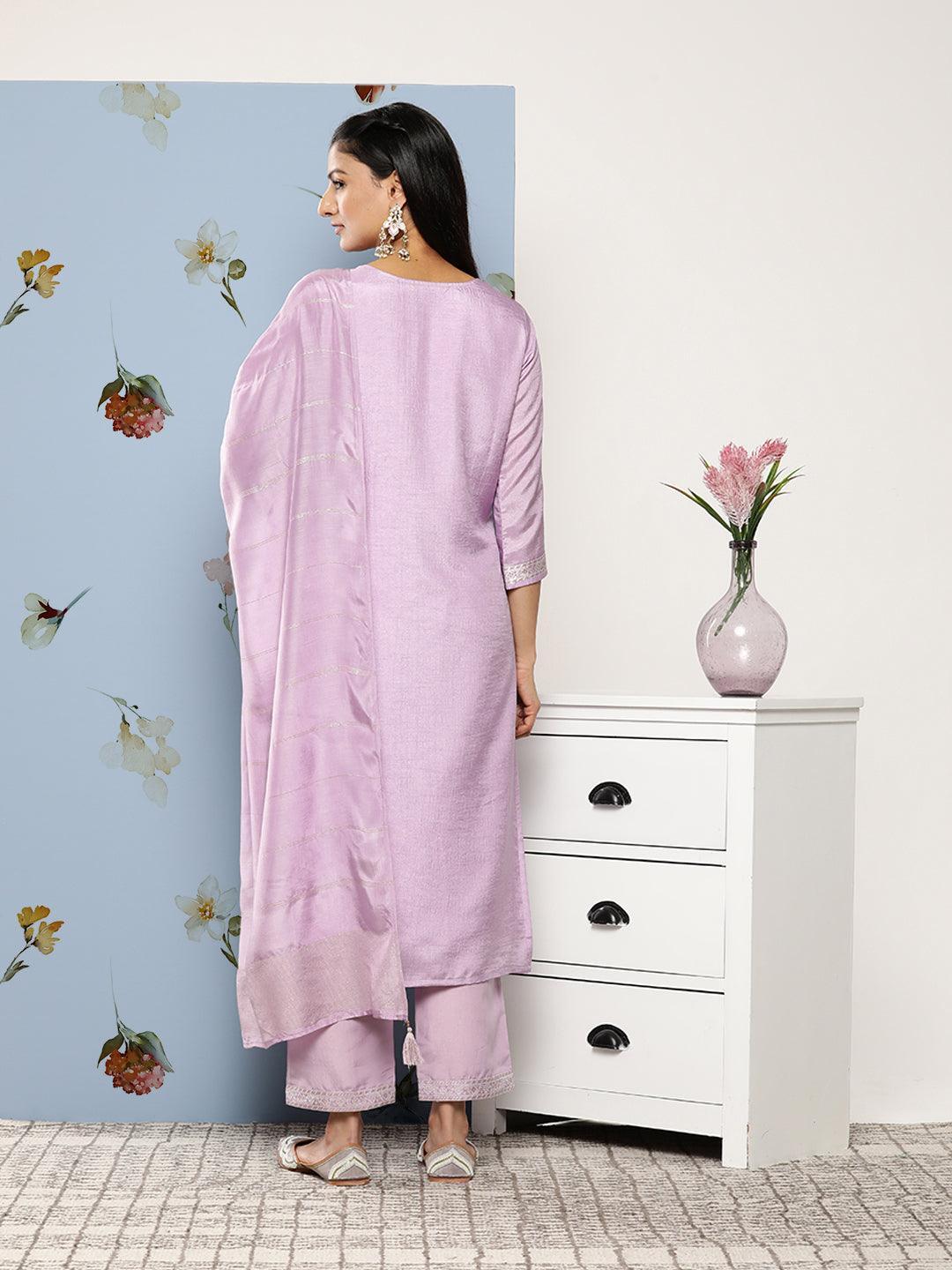Lavender Self Design Silk Blend Suit Set With Trousers - ShopLibas 