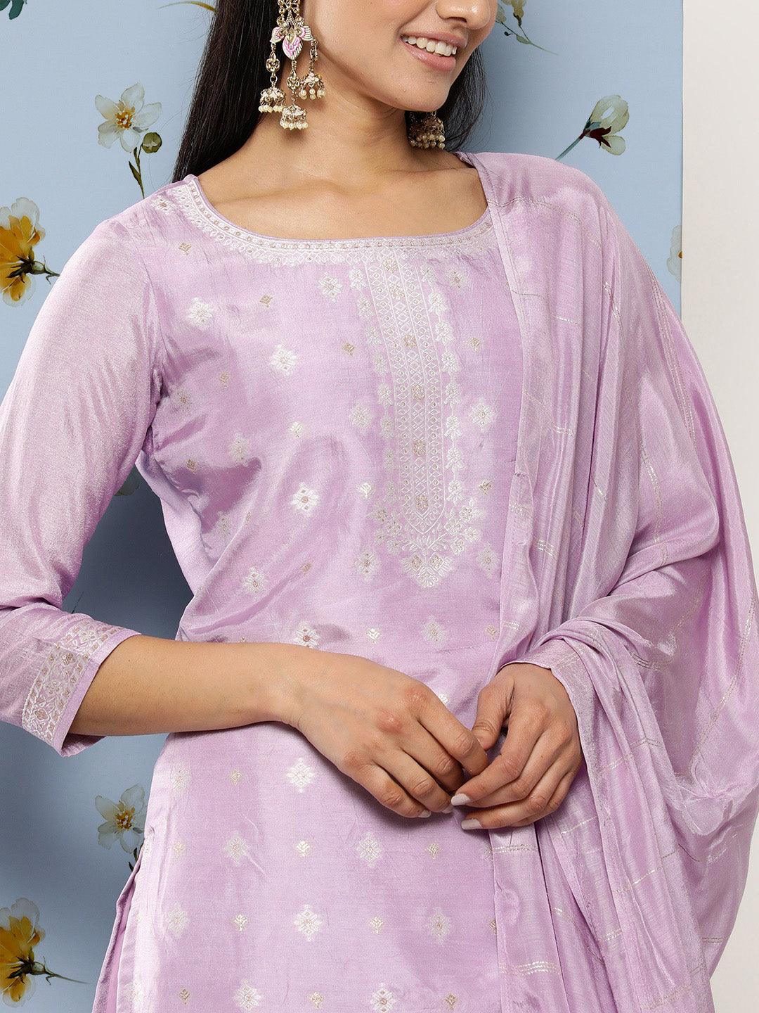 Lavender Self Design Silk Blend Suit Set With Trousers - ShopLibas 