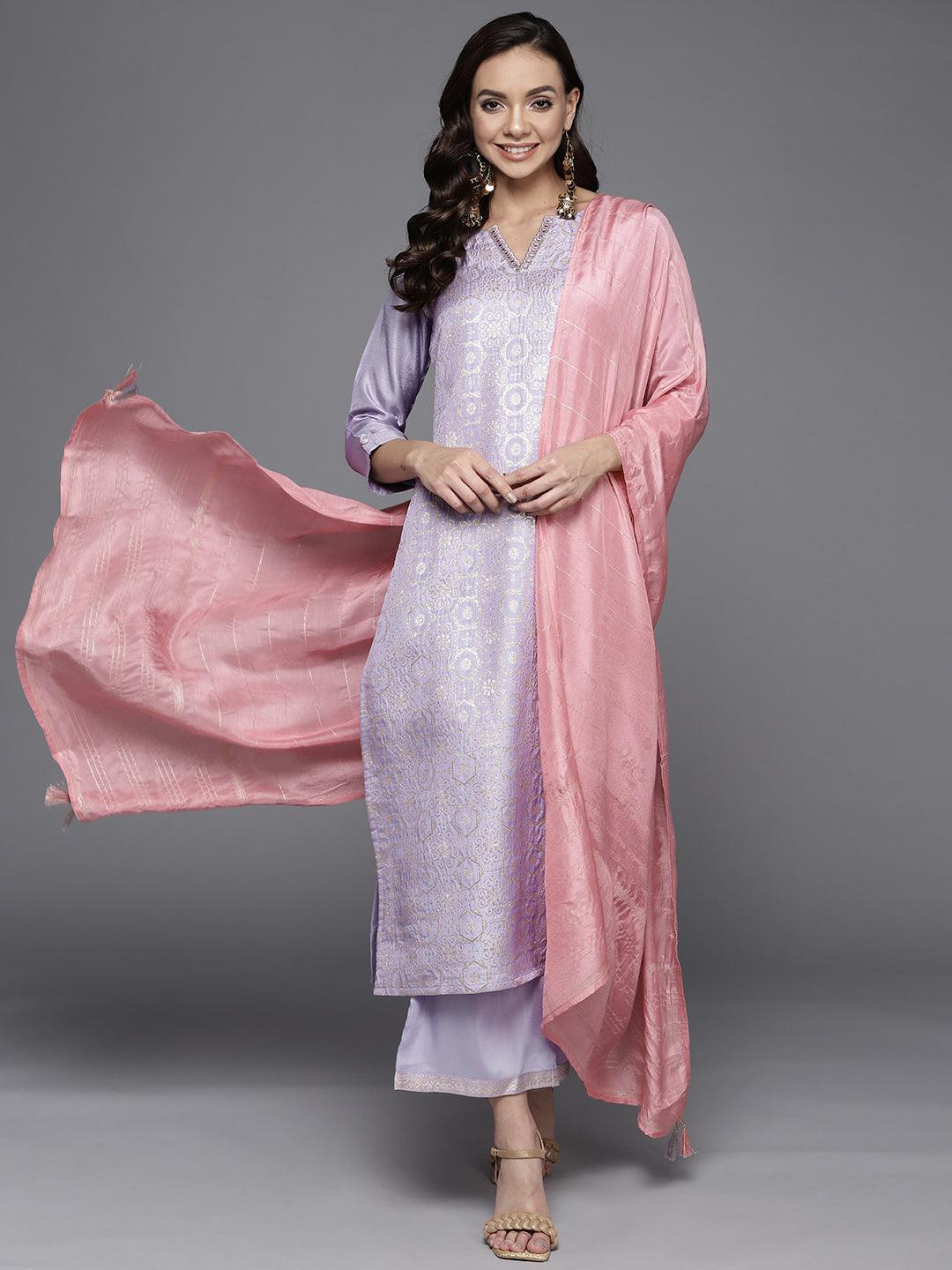 Lavender Woven Design Silk Blend Straight Suit Set - ShopLibas