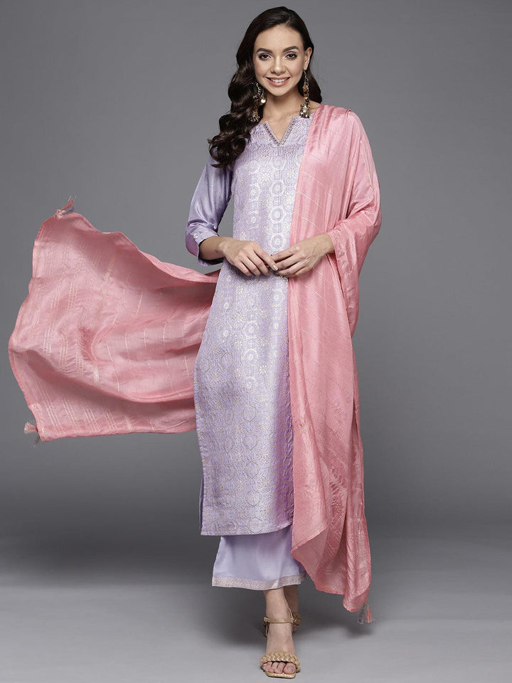 Lavender Woven Design Silk Blend Straight Suit Set - ShopLibas