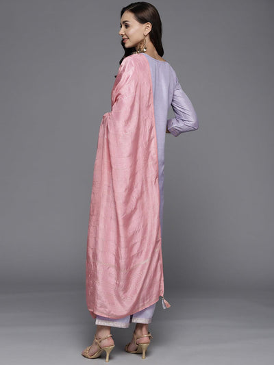 Lavender Woven Design Silk Blend Straight Suit Set - ShopLibas