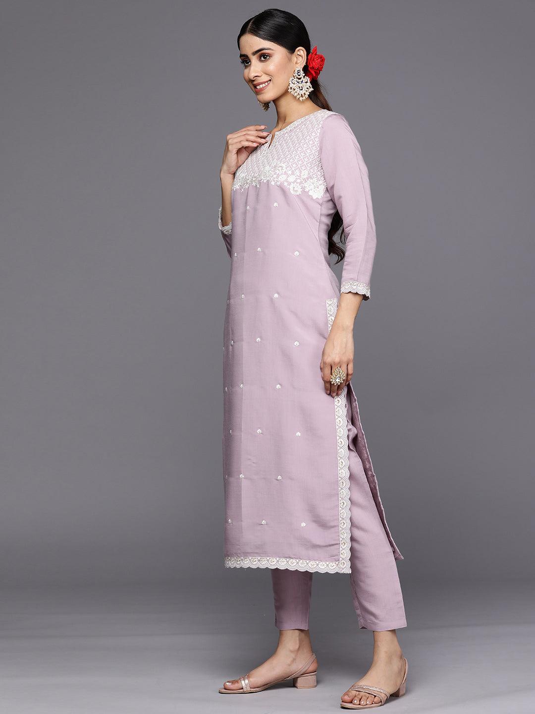 Lavender Yoke Design Silk Blend Straight Suit Set With Trousers - ShopLibas 