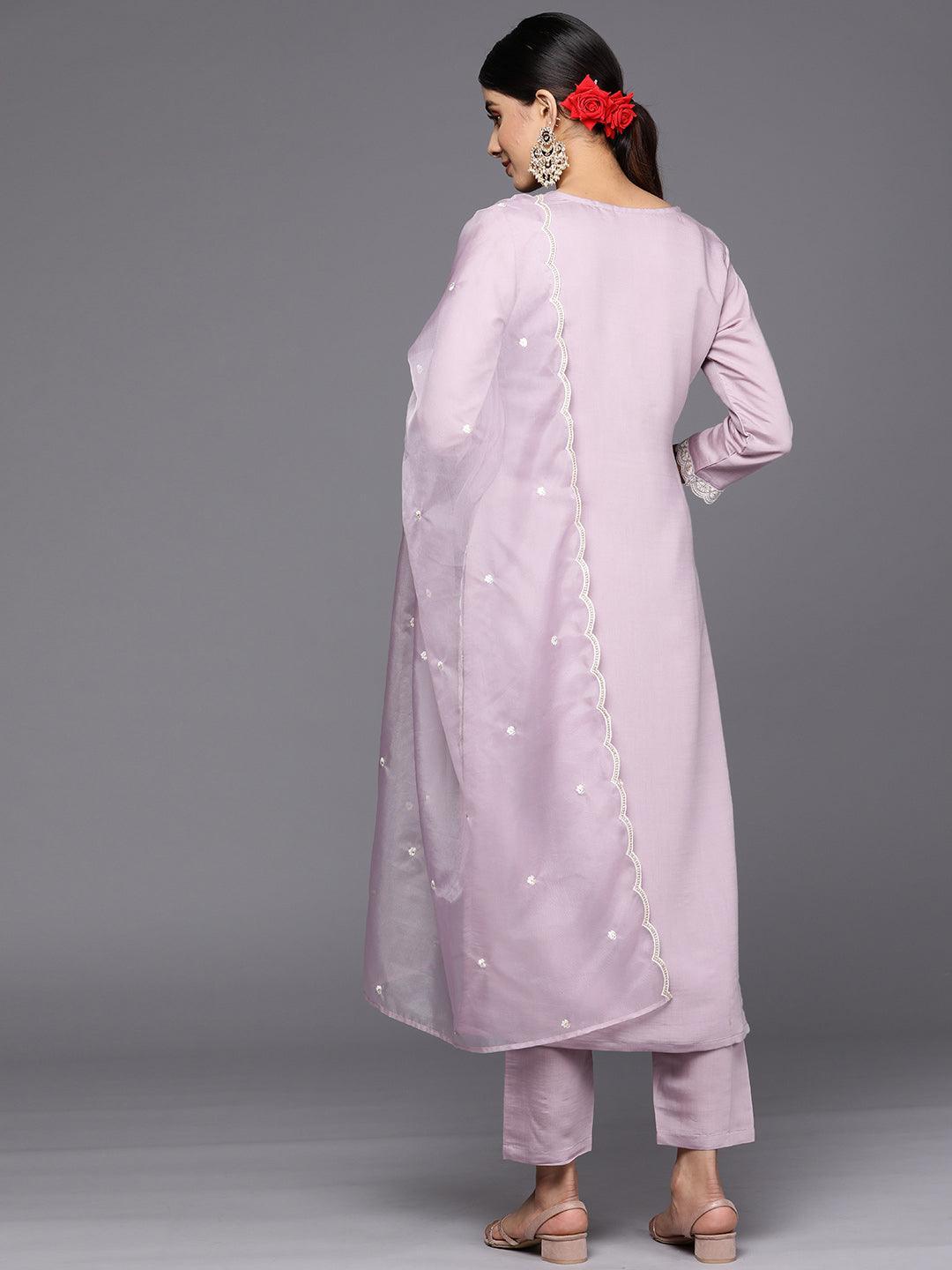 Lavender Yoke Design Silk Blend Straight Suit Set With Trousers - ShopLibas 