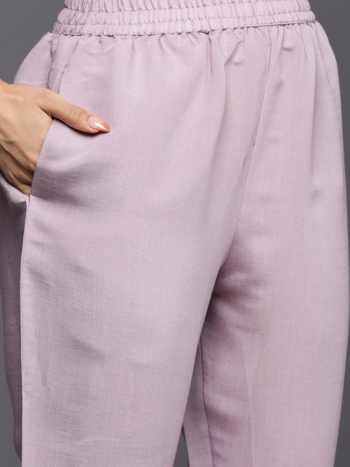 Lavender Yoke Design Silk Blend Straight Suit Set With Trousers