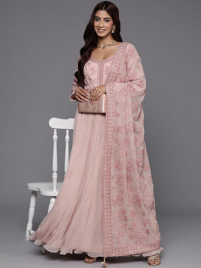Libas Art Peach Embroidered Georgette Anarkali Suit With Dupatta