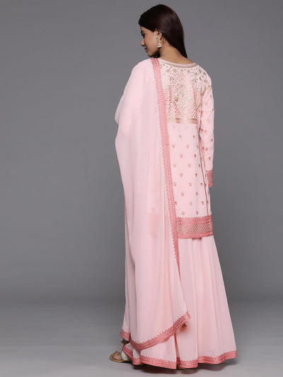 Libas Art Peach Embroidered Georgette Straight Suit With Dupatta