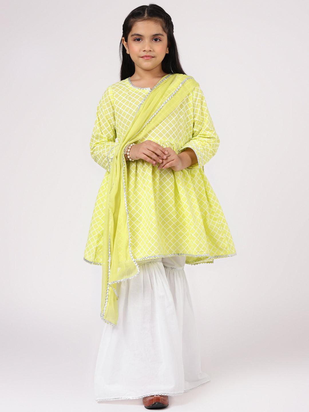 Lime Green Printed Cotton A-Line Suit Set - ShopLibas