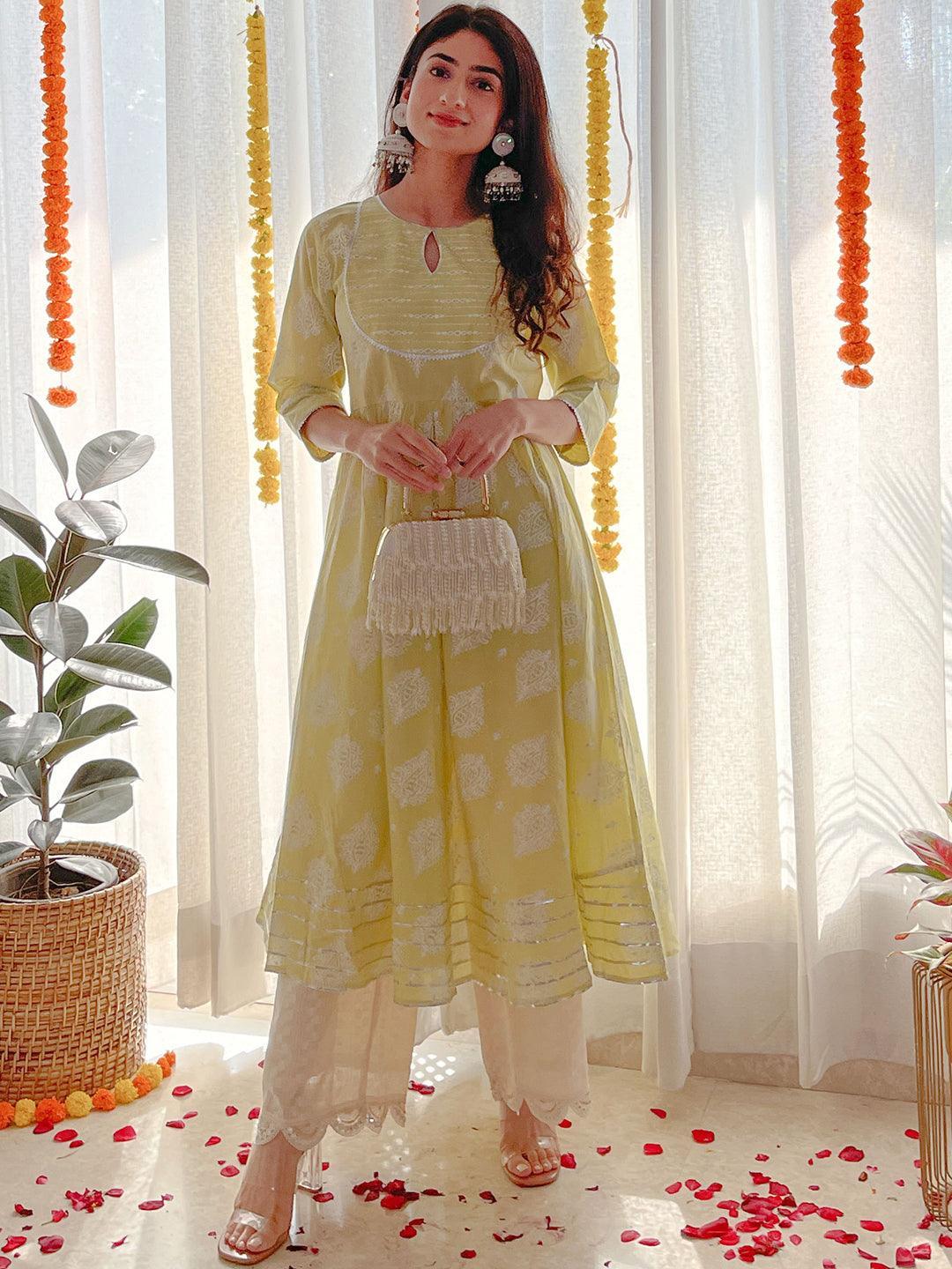 Lime Green Printed Cotton Anarkali Kurta - ShopLibas