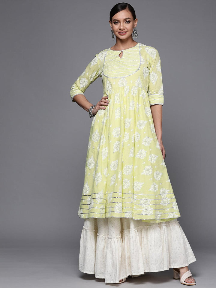 Lime Green Printed Cotton Anarkali Kurta - ShopLibas