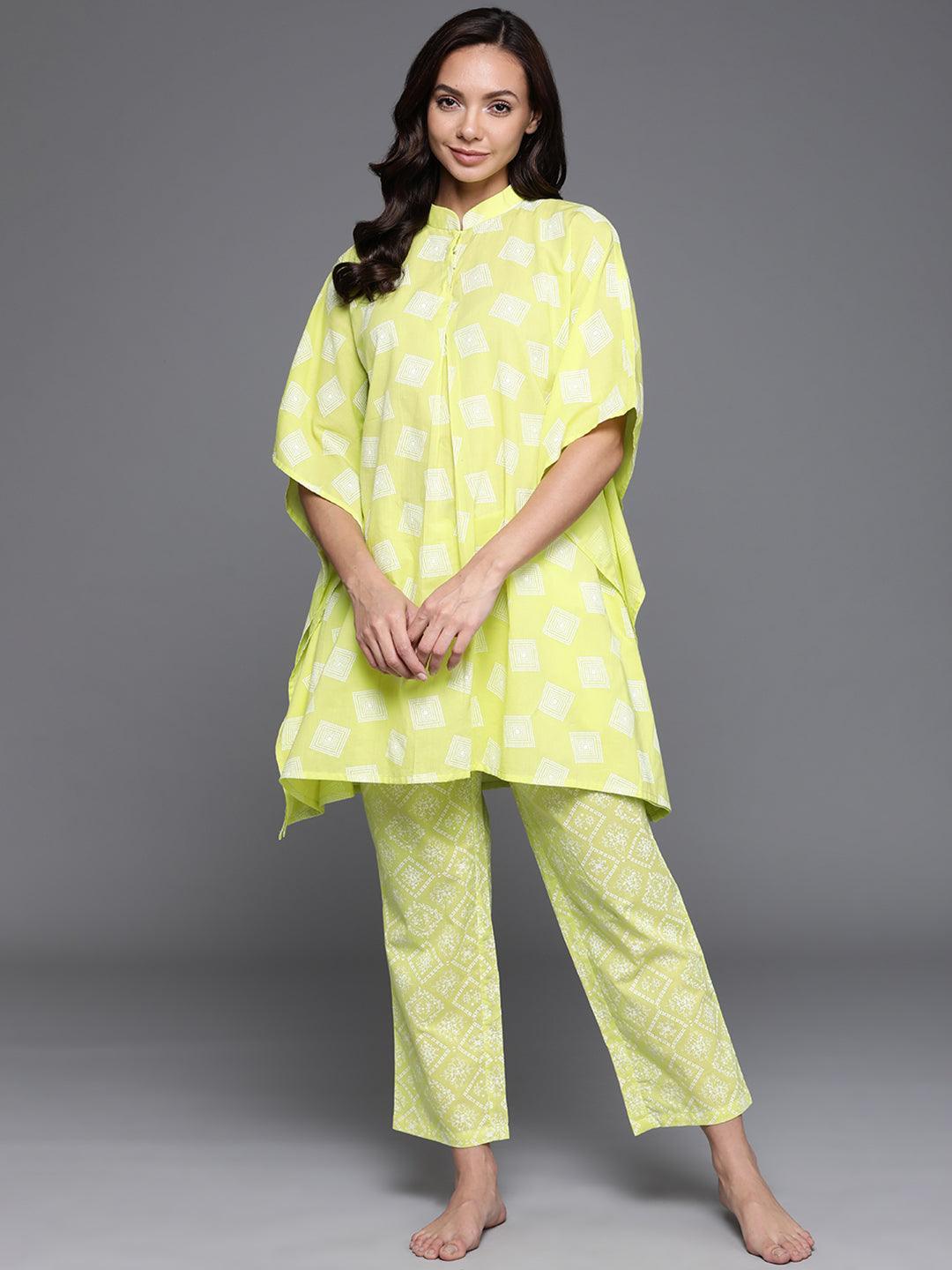 Lime Green Printed Cotton Night Suit - ShopLibas