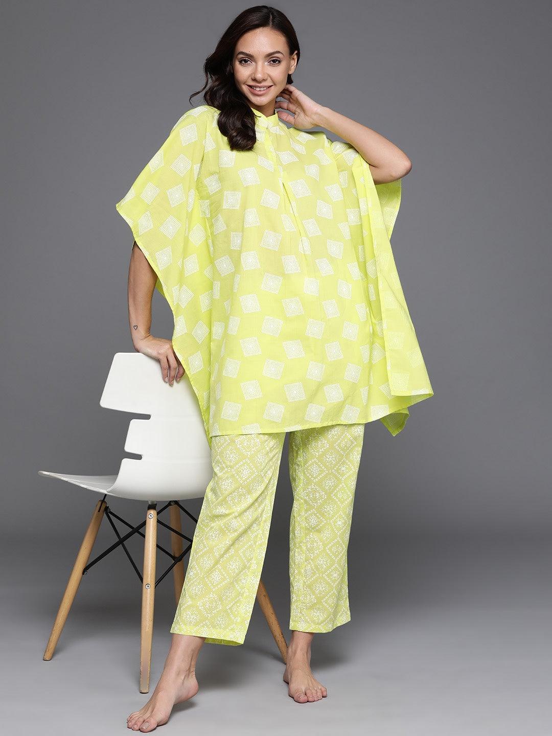 Lime Green Printed Cotton Night Suit - ShopLibas 