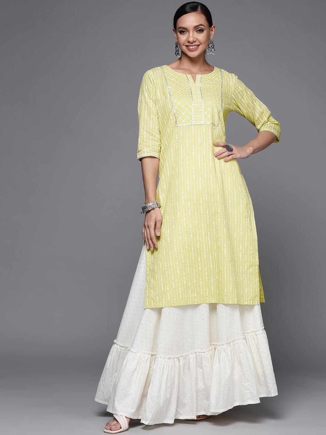 Lime Green Printed Cotton Straight Kurta - ShopLibas