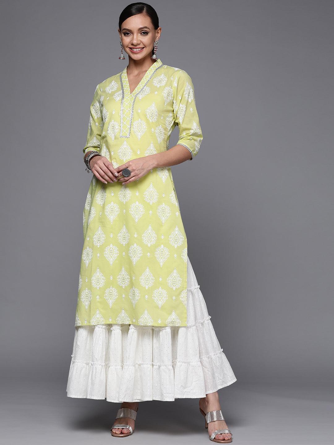 Lime Green Printed Cotton Straight Kurta - ShopLibas