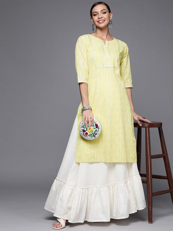 Lime Green Printed Cotton Straight Kurta - ShopLibas