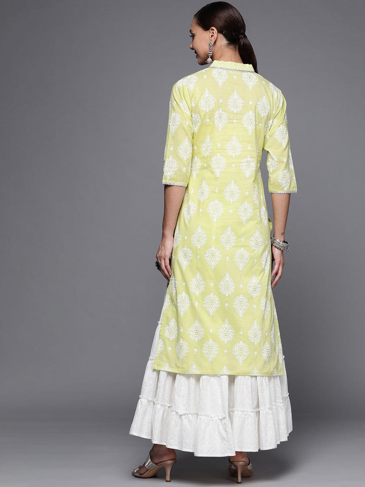 Lime Green Printed Cotton Straight Kurta - ShopLibas