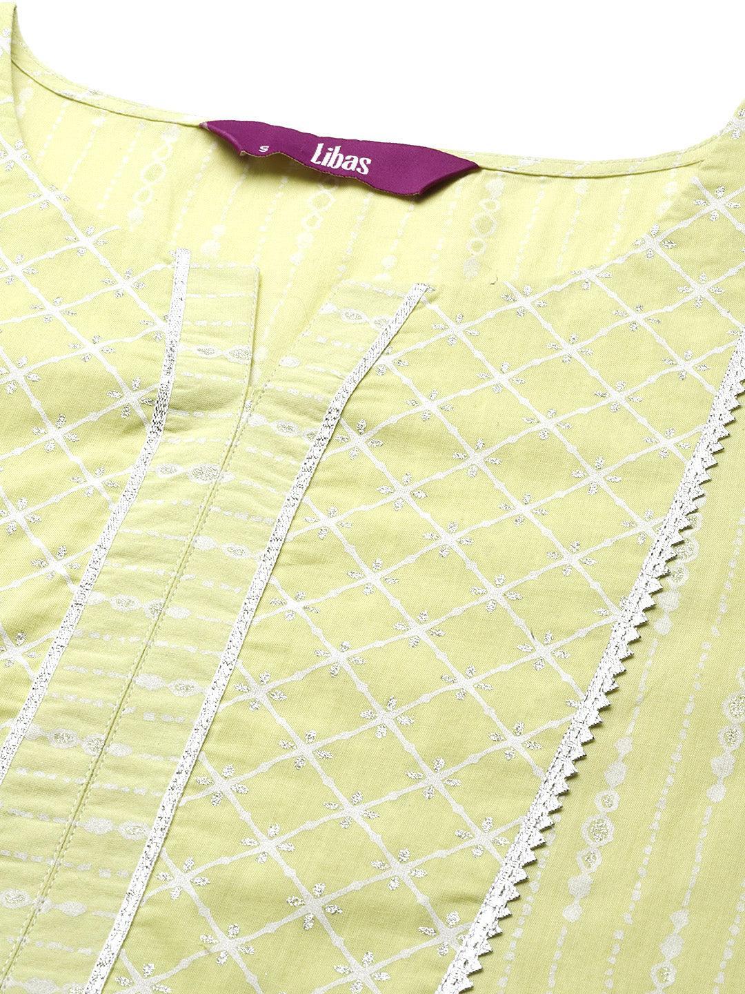 Lime Green Printed Cotton Straight Kurta - ShopLibas