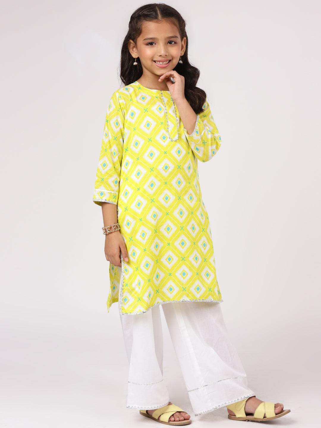 Lime Green Printed Cotton Kurta Set - ShopLibas 