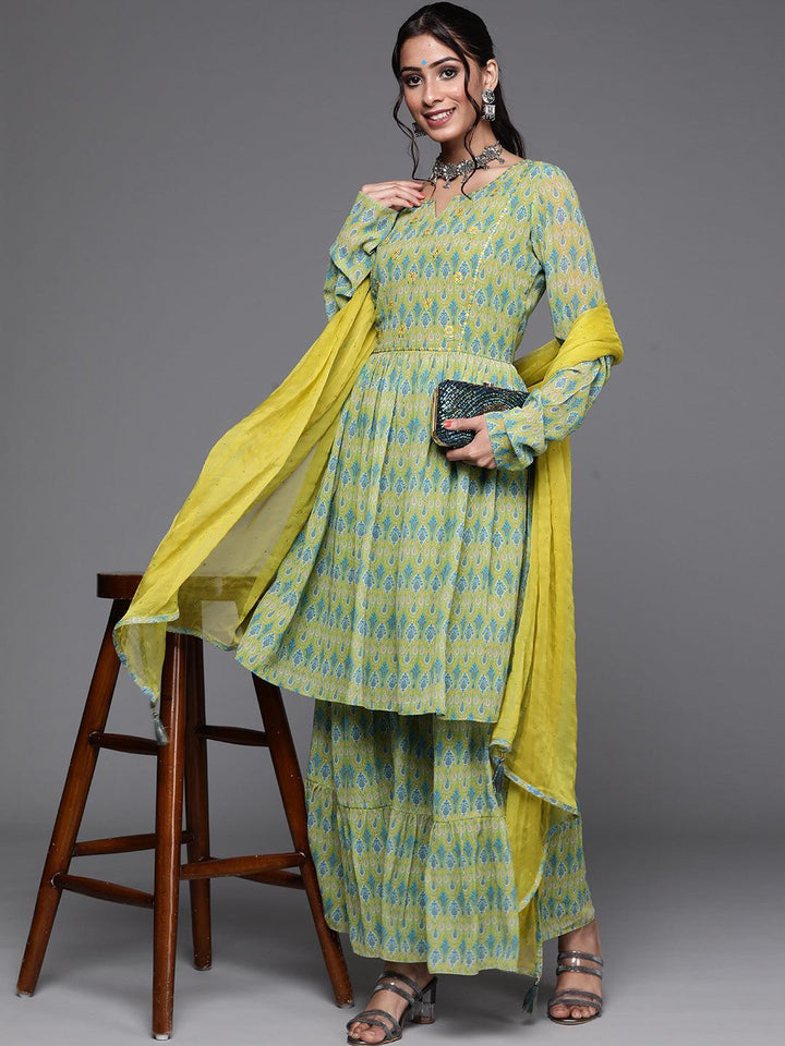 Lime Green Printed Georgette Suit Set - ShopLibas