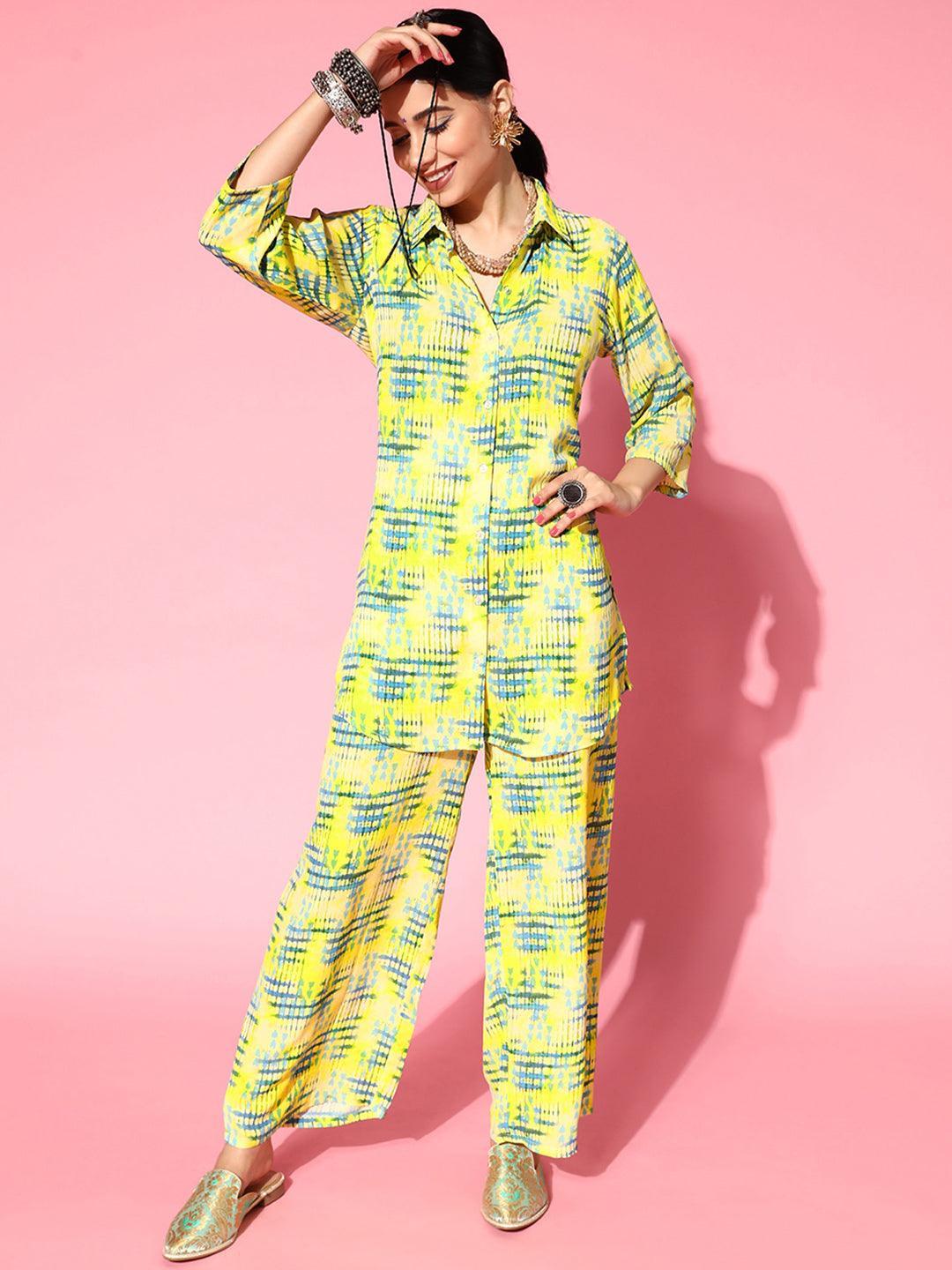 Lime Green Printed Georgette Co-Ords - ShopLibas