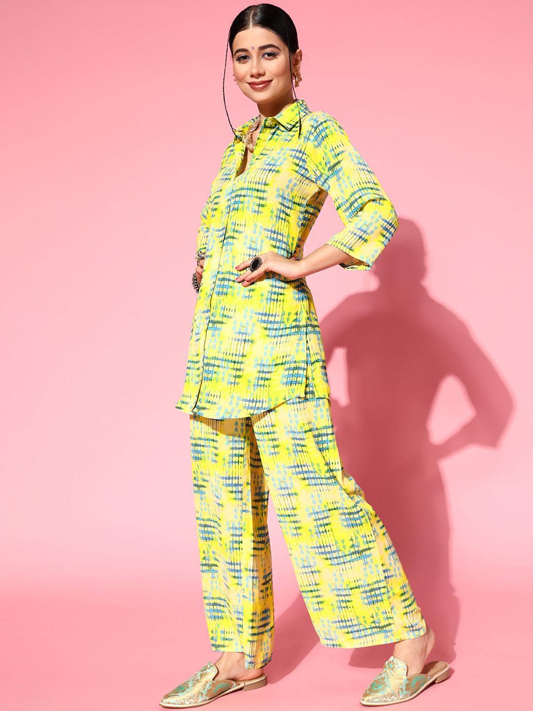 Lime Green Printed Georgette Co-Ords - ShopLibas