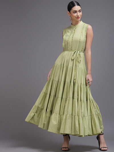 Lime Green Solid Cotton Dress - ShopLibas