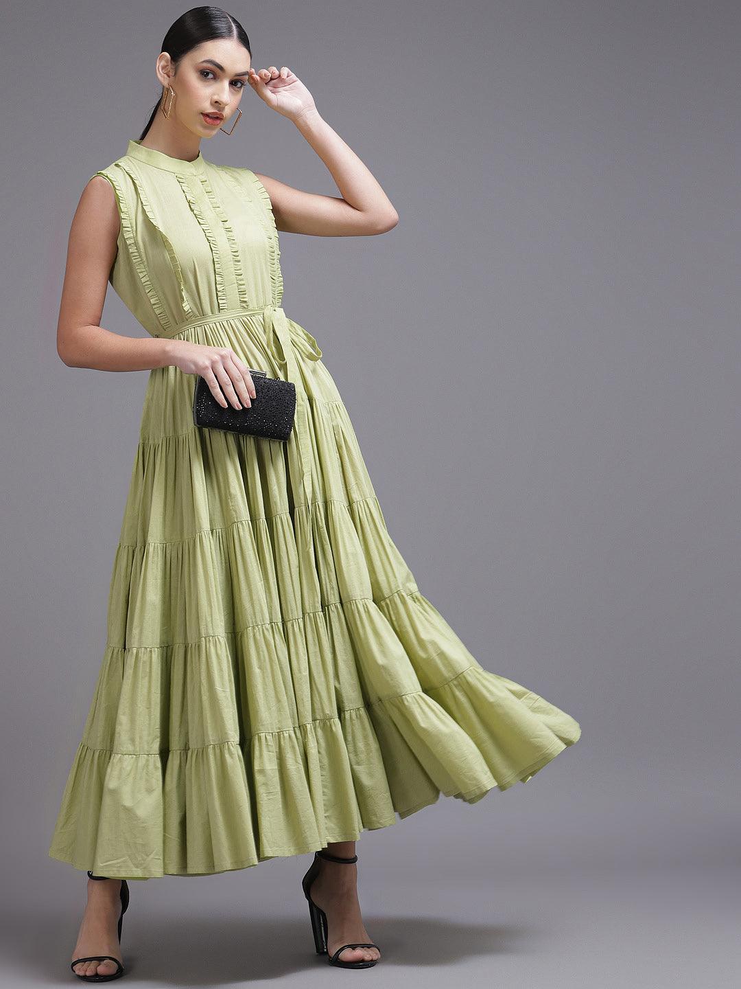 Lime Green Solid Cotton Dress - ShopLibas