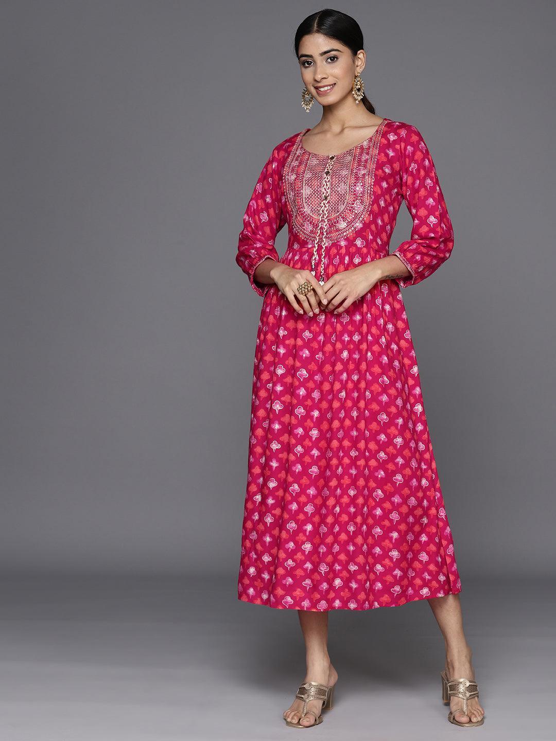Magenta Embellished Rayon Fit and Flare Dress - Libas