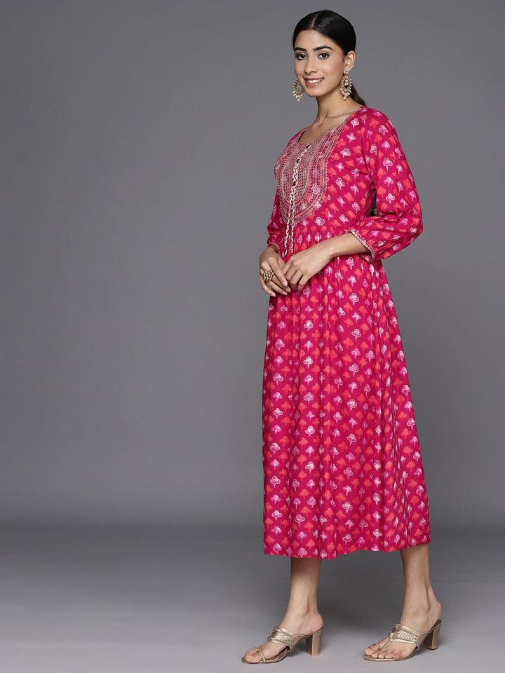 Magenta Embellished Rayon Fit and Flare Dress - Libas