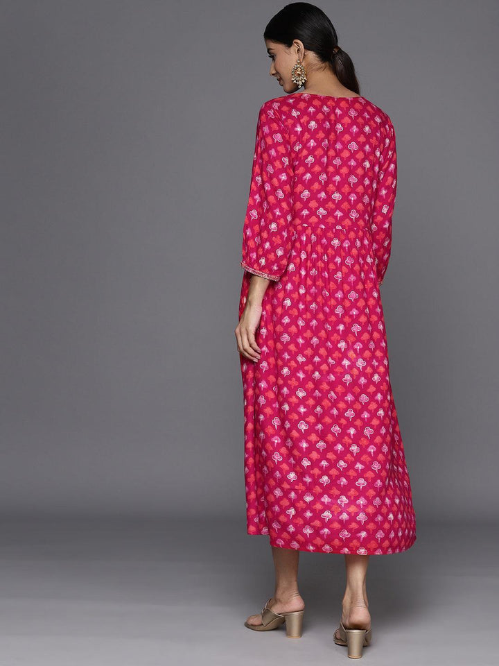 Magenta Embellished Rayon Fit and Flare Dress - Libas