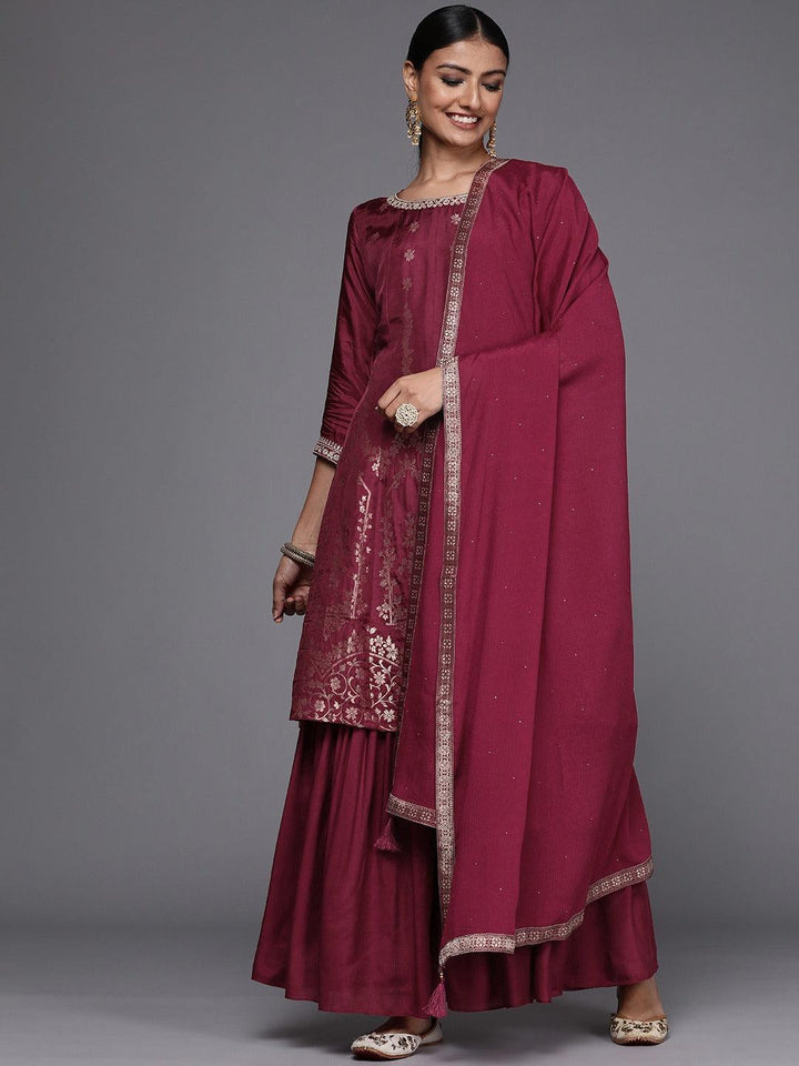 Maroon Brocade Silk Blend A-Line Suit Set - ShopLibas