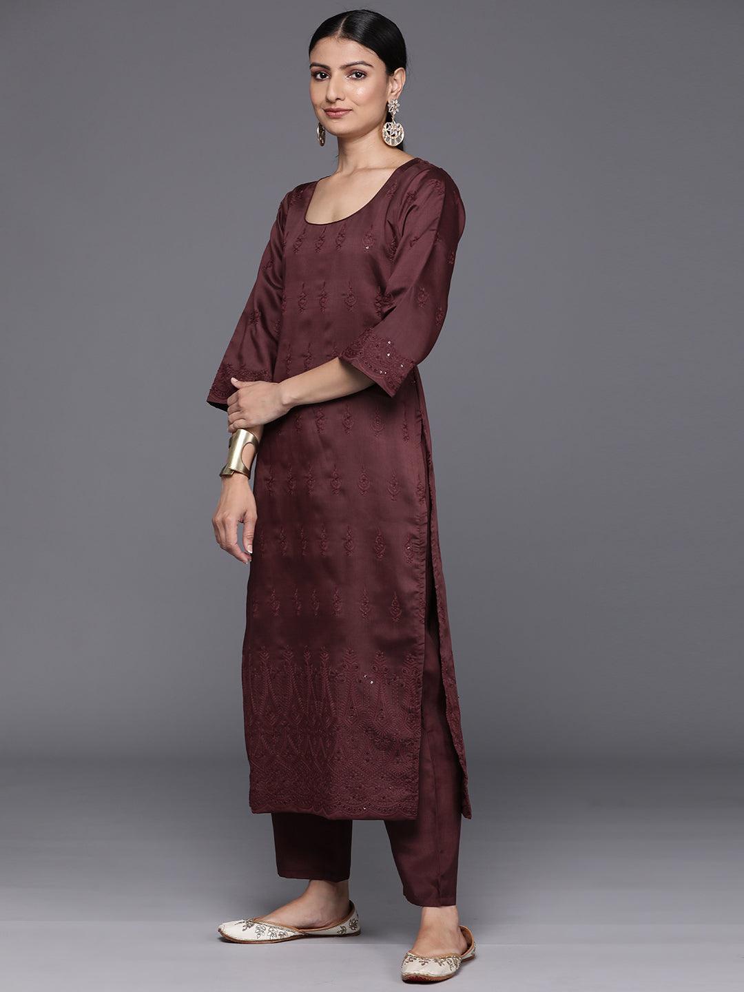 Maroon Embroidered Chanderi Silk Straight Kurta With Trousers & Dupatta - Libas 