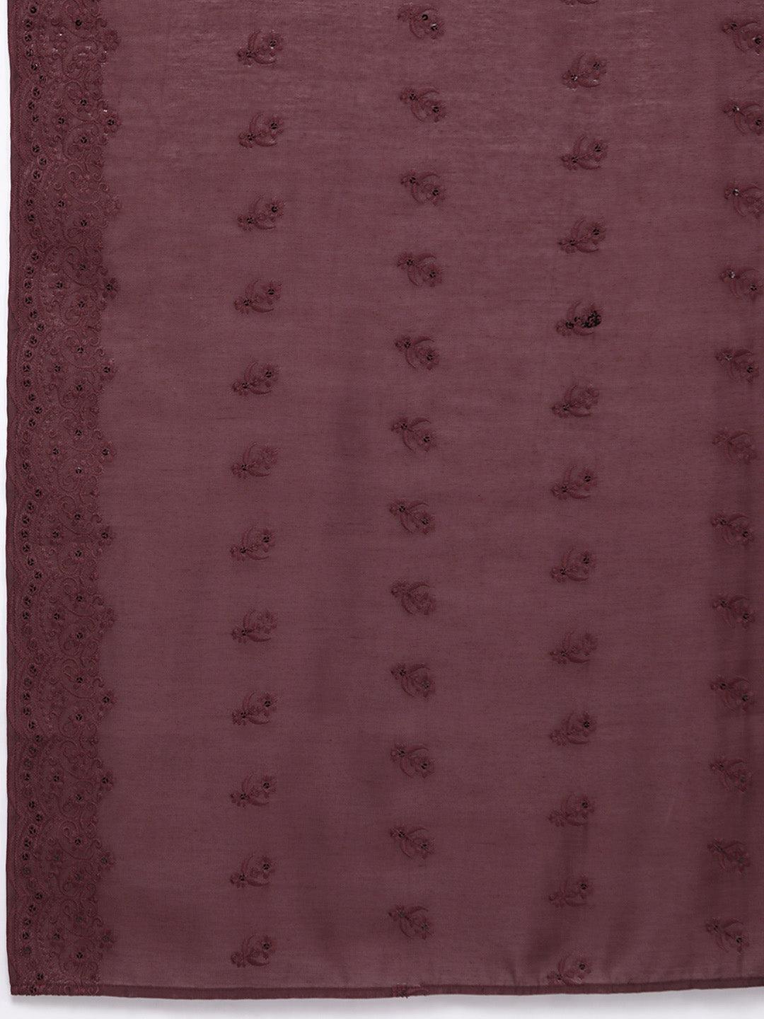 Maroon Embroidered Chanderi Silk Straight Kurta With Trousers & Dupatta - Libas 