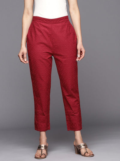 Maroon Embroidered Cotton Trousers - ShopLibas