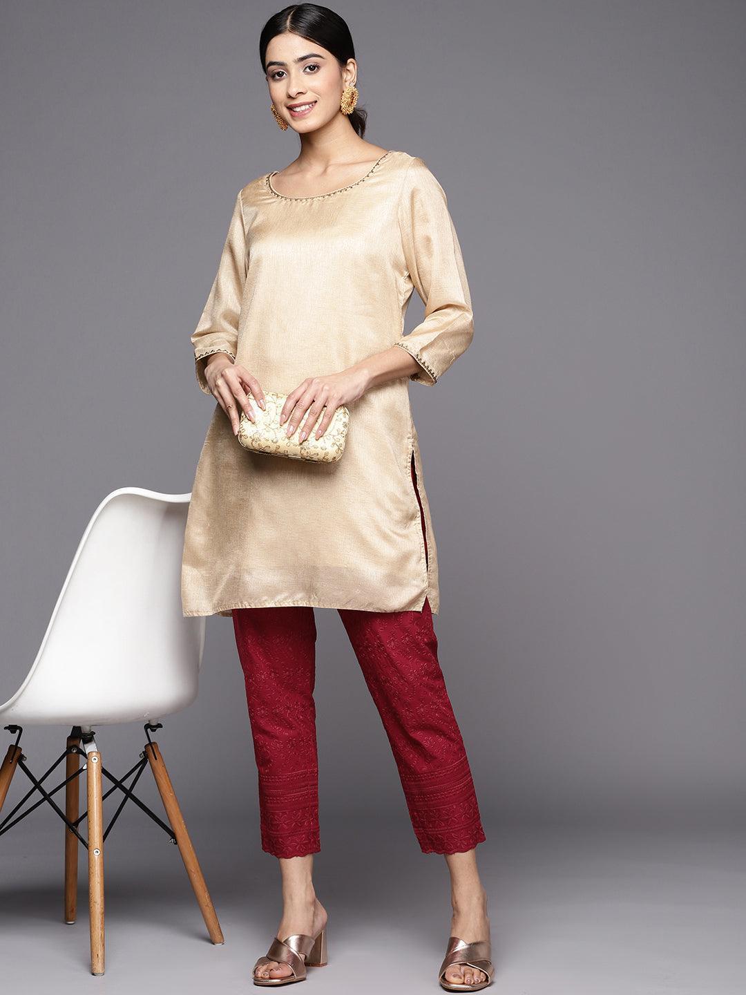 Maroon Embroidered Cotton Trousers - ShopLibas 