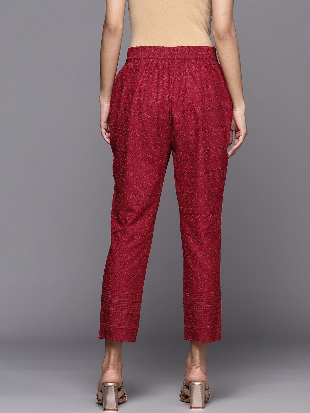 Maroon Embroidered Cotton Trousers - ShopLibas 