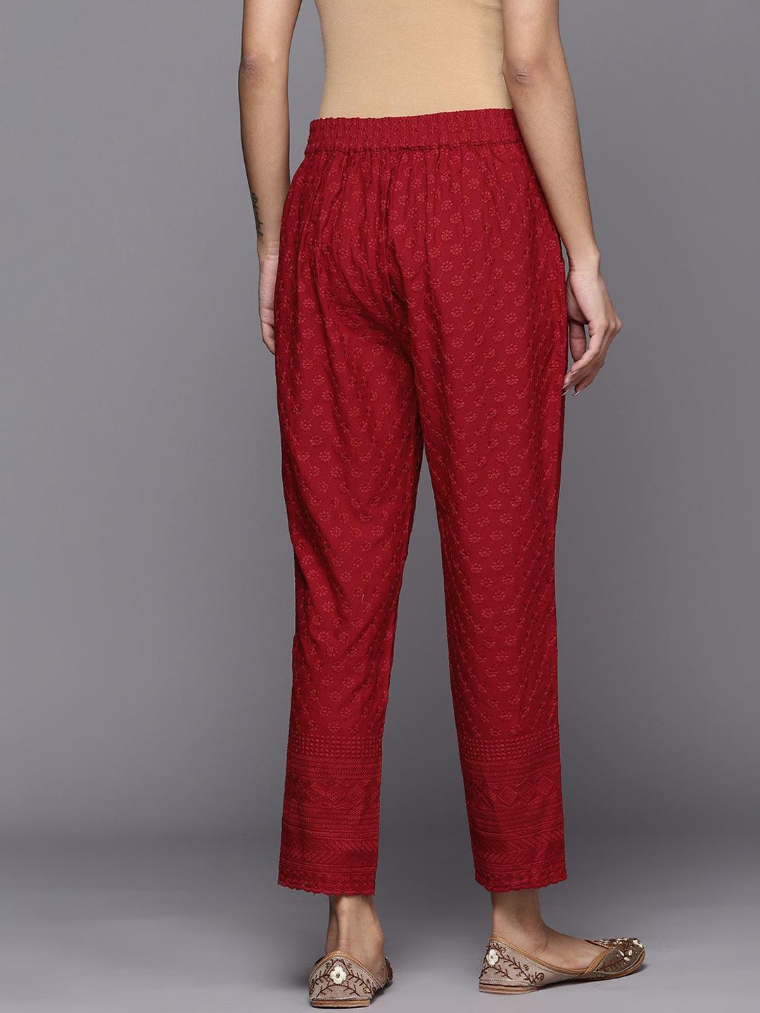 Maroon Embroidered Cotton Trousers - ShopLibas 