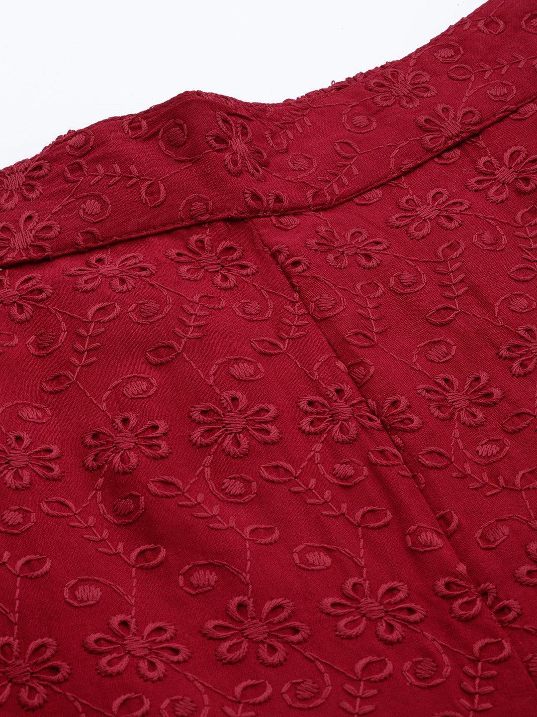 Maroon Embroidered Cotton Trousers - ShopLibas 