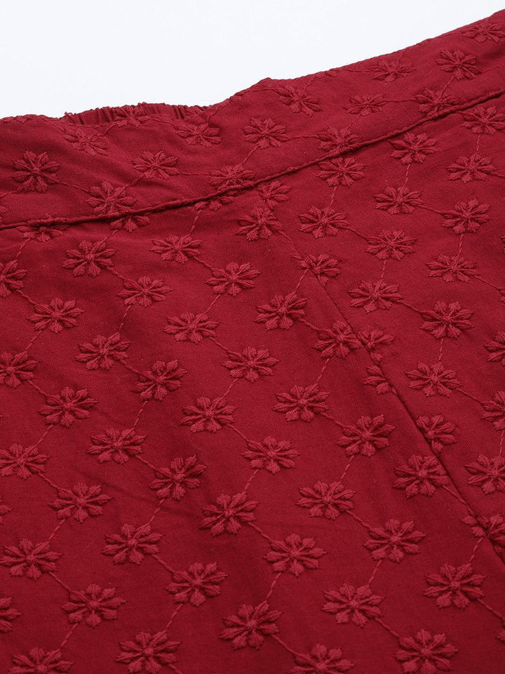 Maroon Embroidered Cotton Trousers