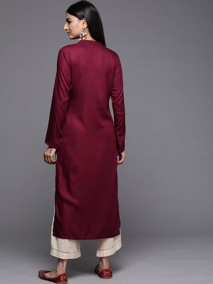 Maroon Embroidered Pashmina Wool Straight Kurta - Libas