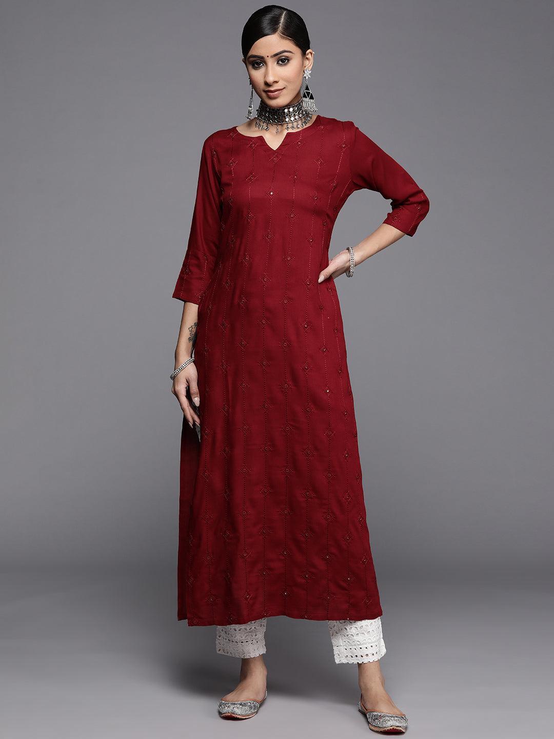 Maroon Embroidered Rayon Kurta - ShopLibas