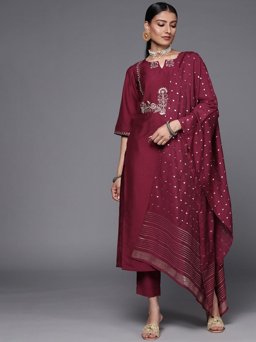 Maroon Embroidered Silk Blend Straight Suit Set - ShopLibas
