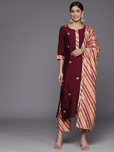 Maroon Embroidered Silk Blend Straight Suit Set With Trousers - ShopLibas