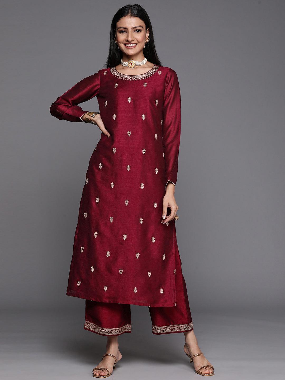 Maroon Embroidered Silk Straight Kurta - ShopLibas