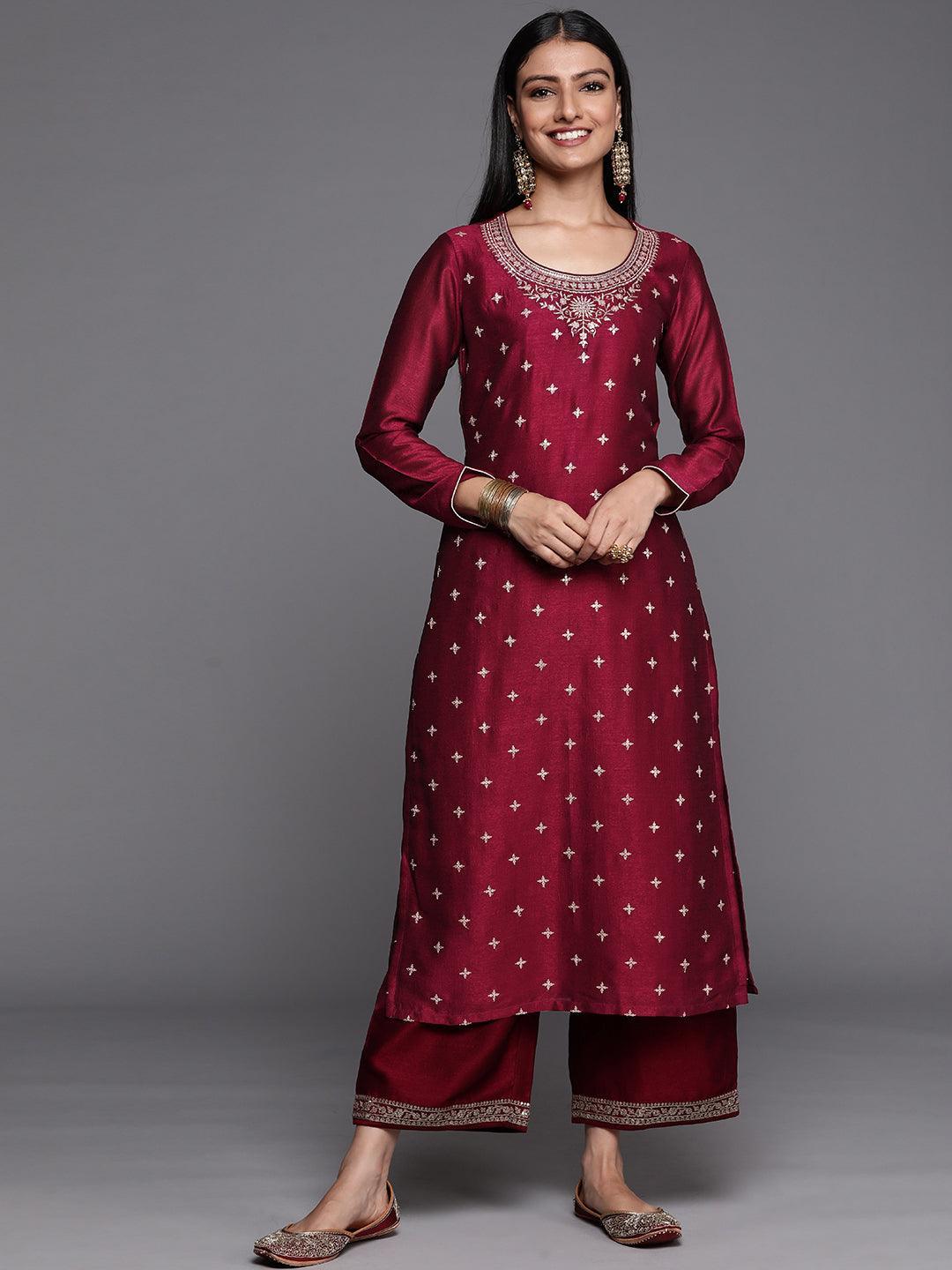 Maroon Embroidered Silk Straight Kurta - ShopLibas
