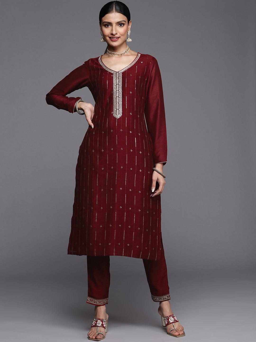 Maroon Embroidered Silk Straight Kurta - ShopLibas