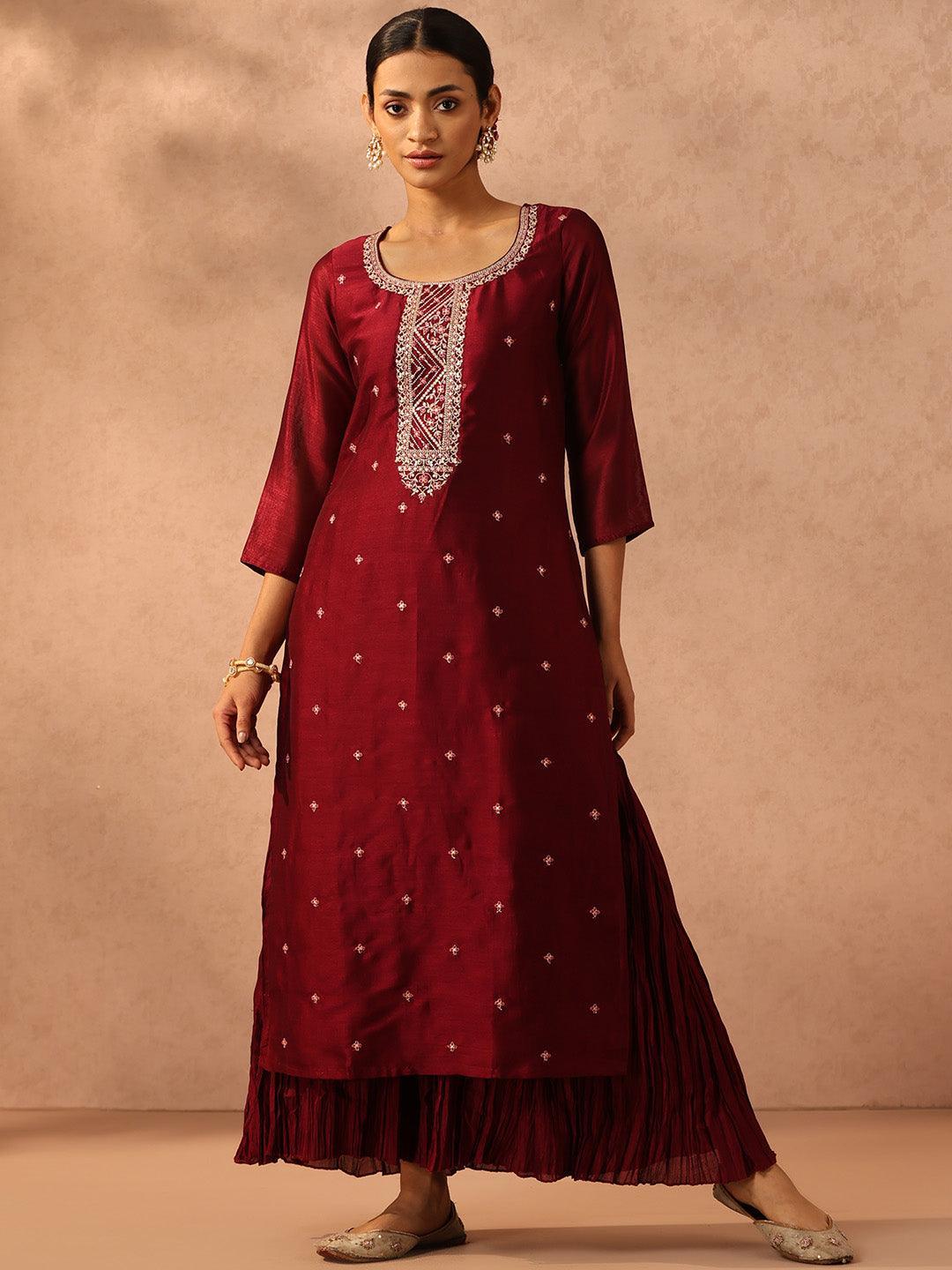 Maroon Embroidered Silk Straight Kurta - ShopLibas