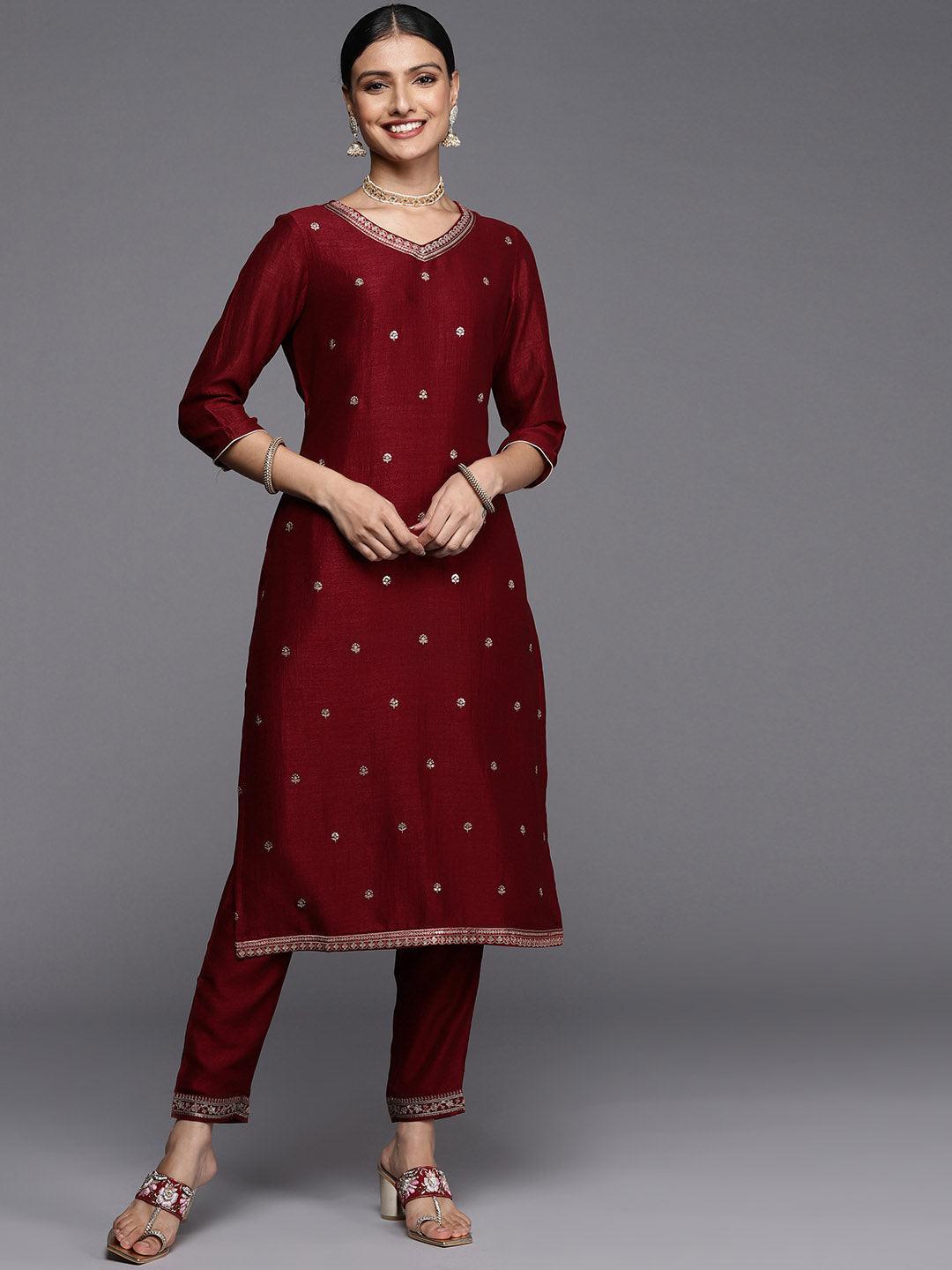 Maroon Embroidered Silk Straight Kurta - ShopLibas