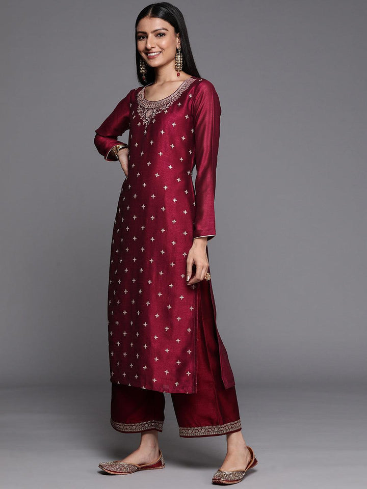 Maroon Embroidered Silk Straight Kurta - ShopLibas